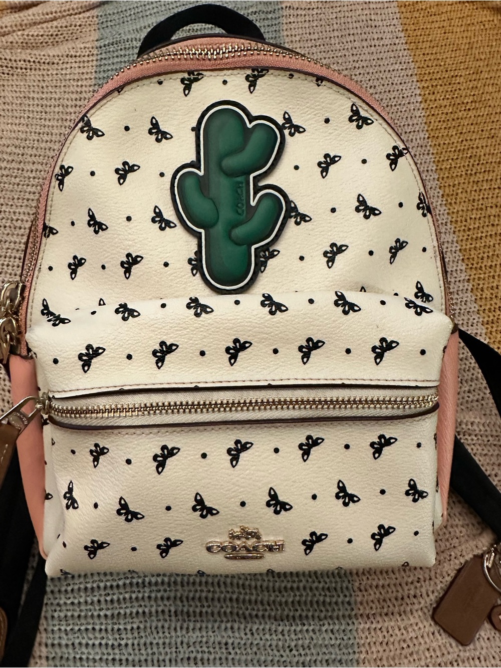 Coach White Mini Backpack with Pink Bandana Trim and Green Cactus Patch